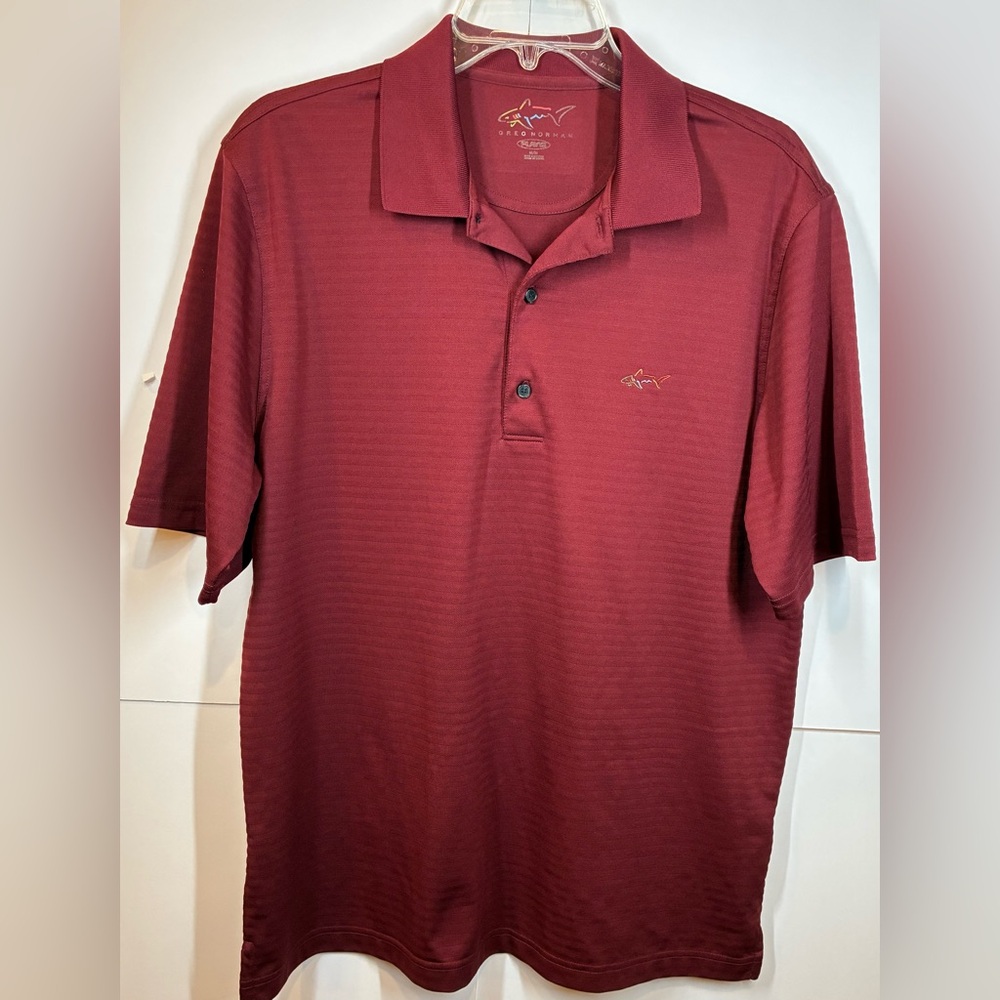 Greg Norman Men's Play Dry Burgandy Golf Polo Shirt with Embroidered Shark Logo